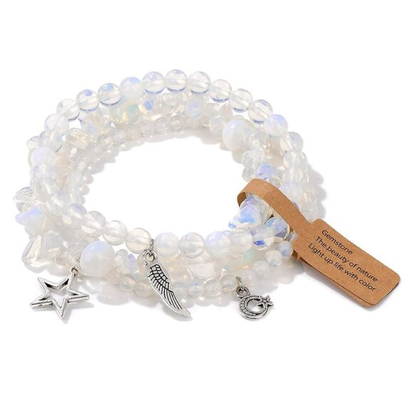 Moonstone Bracelet for Women 3Pcs Boho Feather Bracelet Moonstone Crystal Bracel - Picture 1 of 6